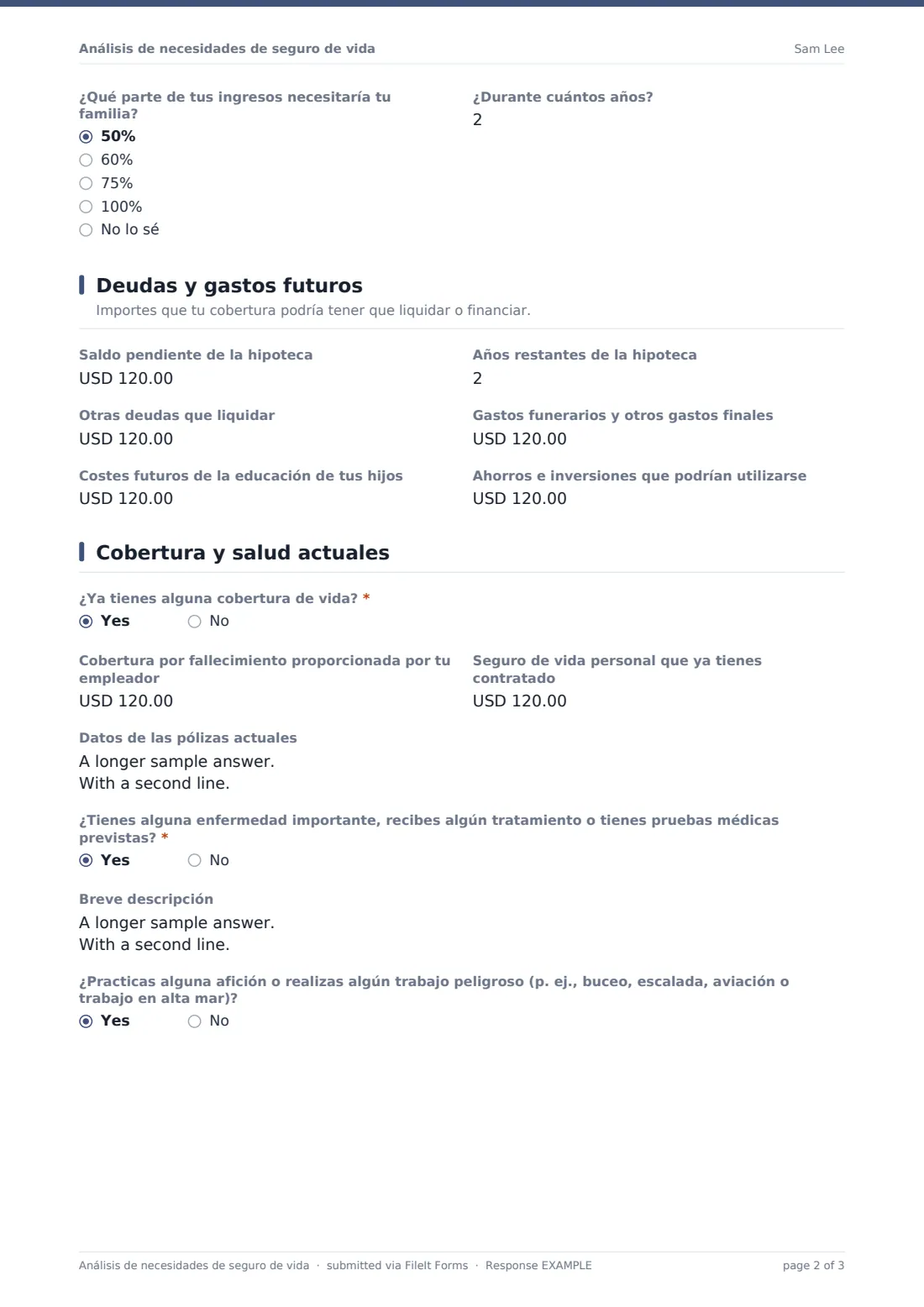 Análisis de necesidades de seguro de vida — PDF de respuesta de ejemplo, página 2 de 3