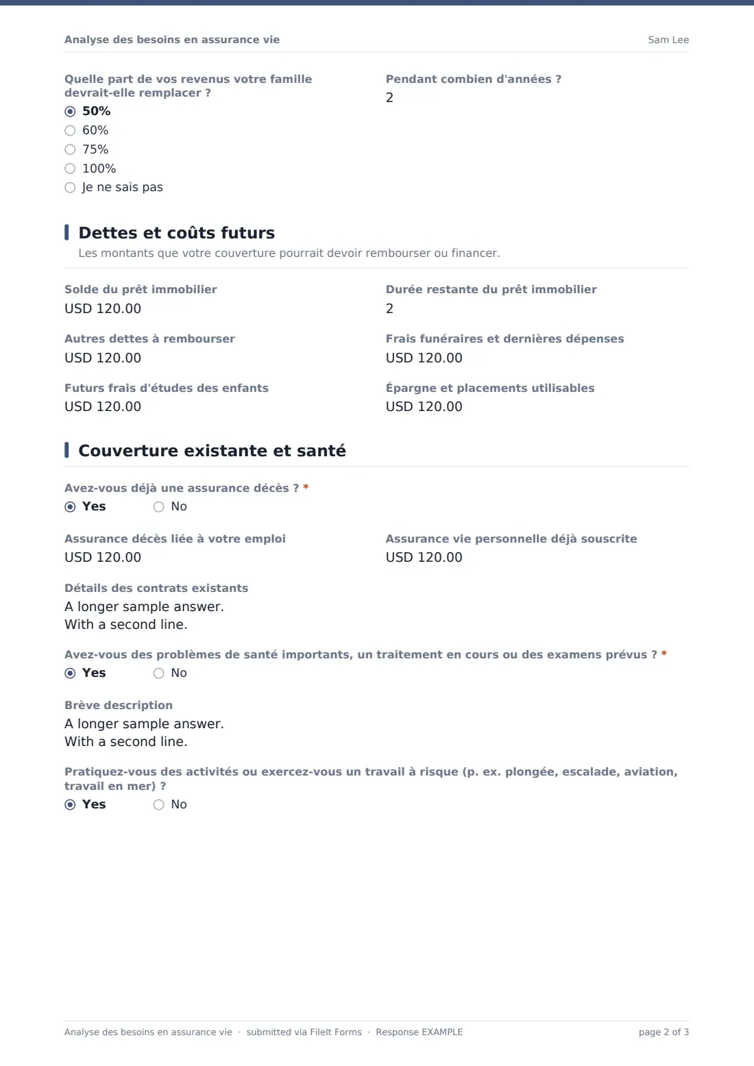 Analyse des besoins en assurance vie — exemple de réponse au format PDF, page 2 sur 3