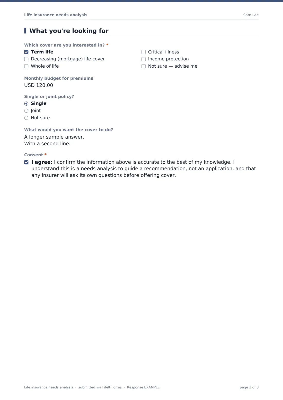 Life insurance needs analysis — example response PDF, page 3 of 3