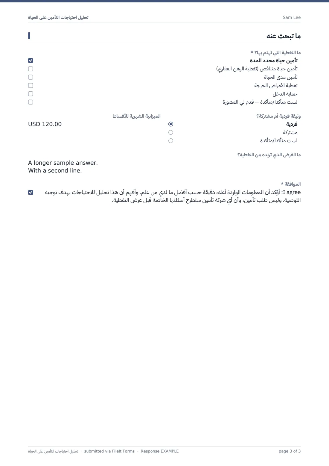 تحليل احتياجات التأمين على الحياة — ملف PDF لرد نموذجي، الصفحة 3 من 3