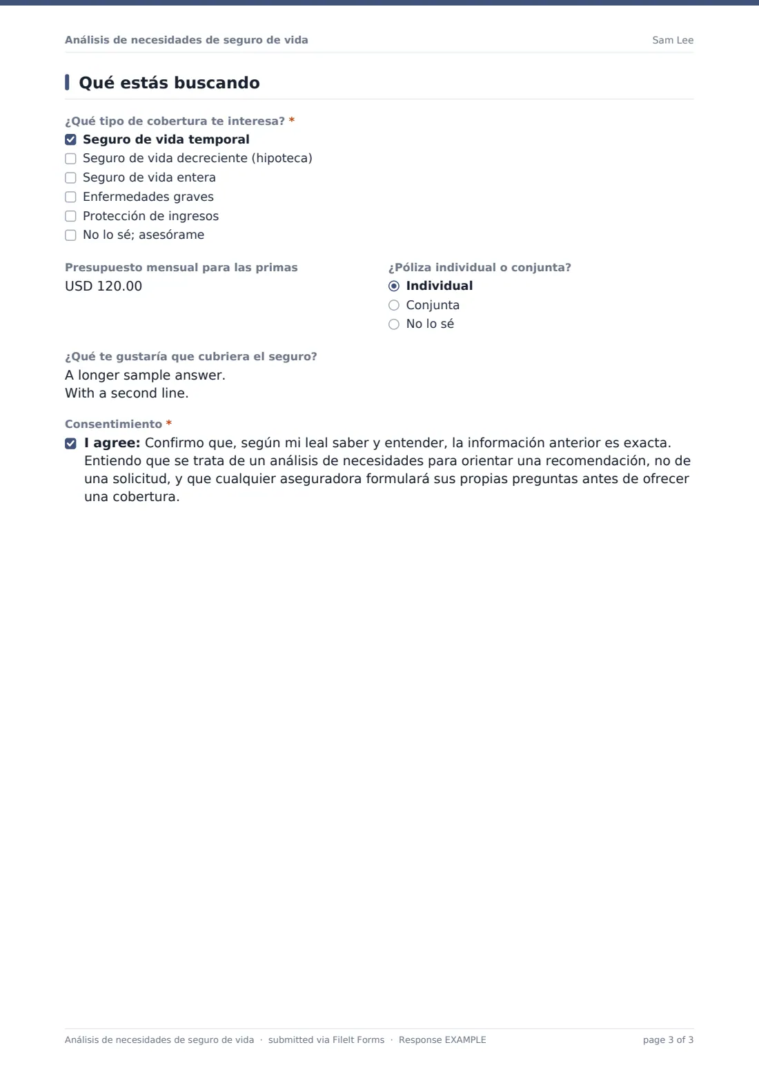 Análisis de necesidades de seguro de vida — PDF de respuesta de ejemplo, página 3 de 3