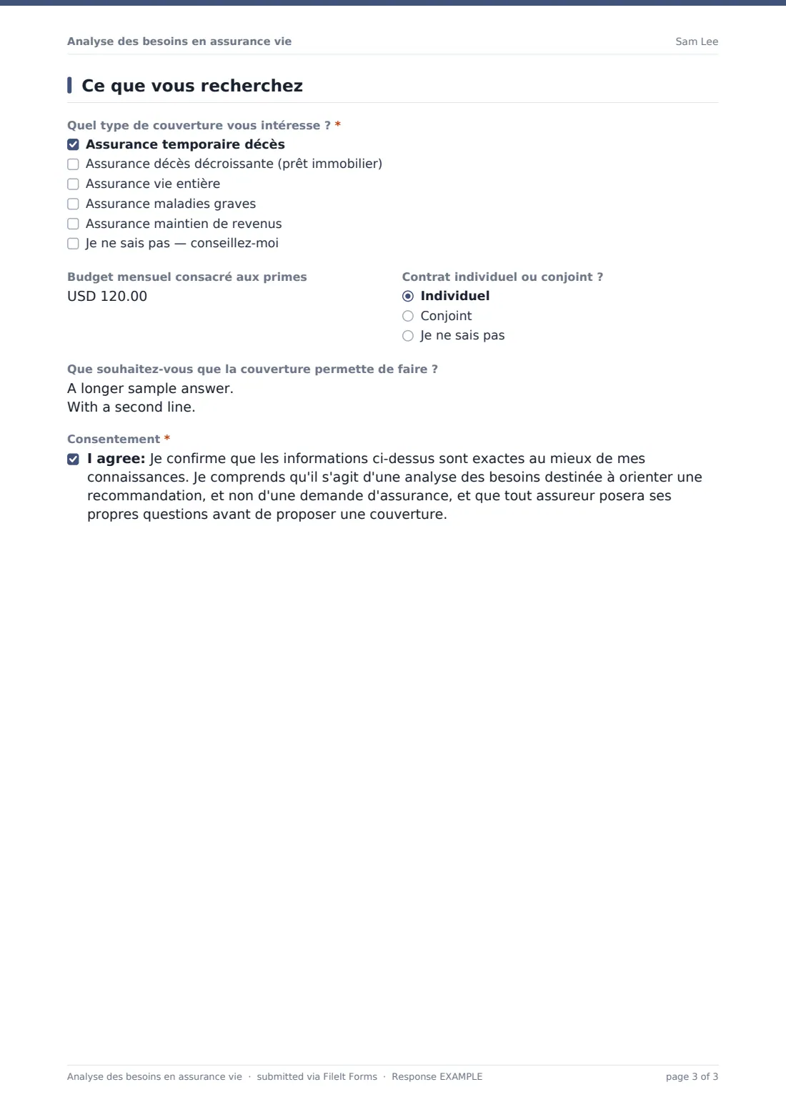Analyse des besoins en assurance vie — exemple de réponse au format PDF, page 3 sur 3