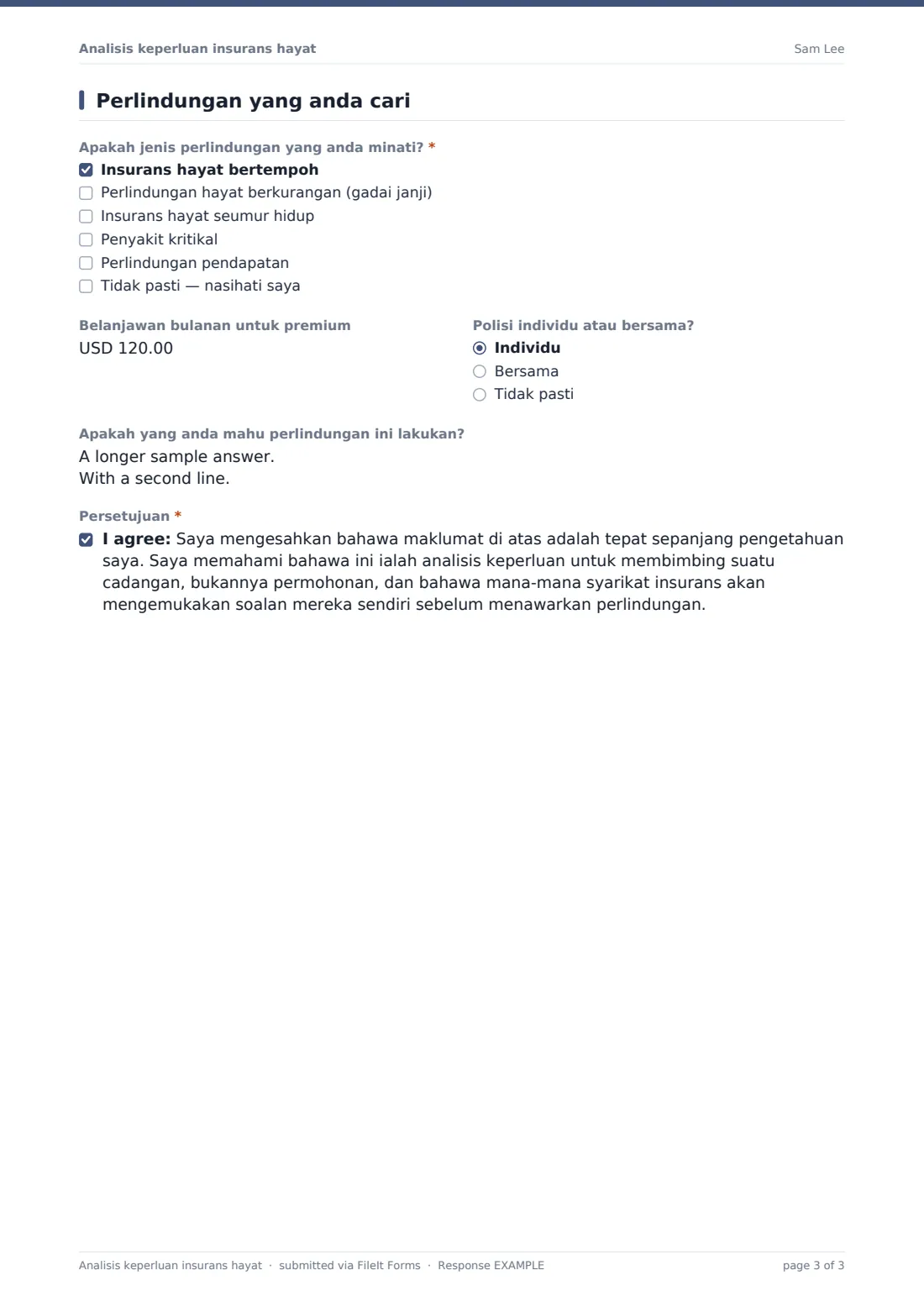 Analisis keperluan insurans hayat — PDF respons contoh, halaman 3 daripada 3