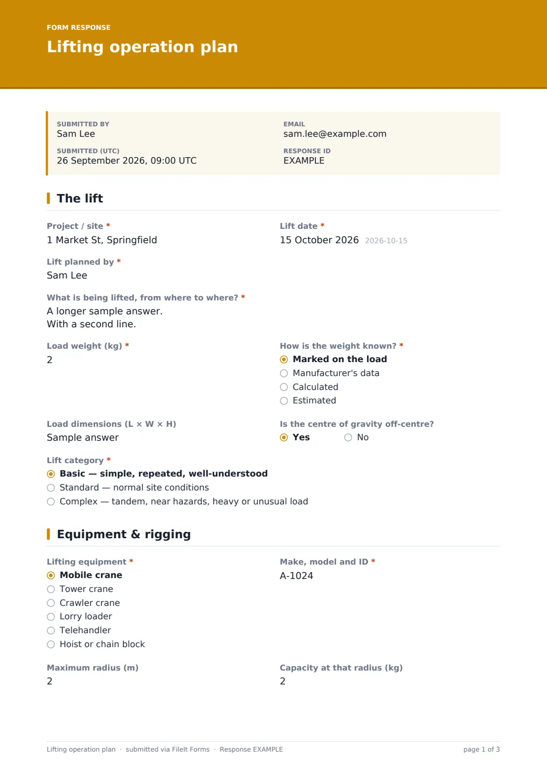 Lifting operation plan — example response PDF, page 1 of 3