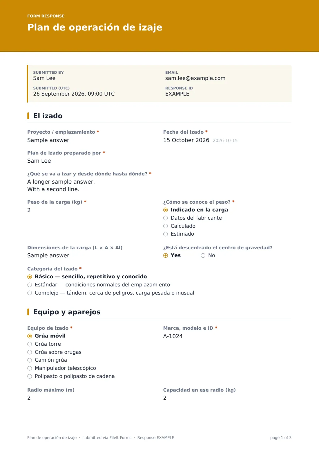 Plan de operación de izaje — PDF de respuesta de ejemplo, página 1 de 3