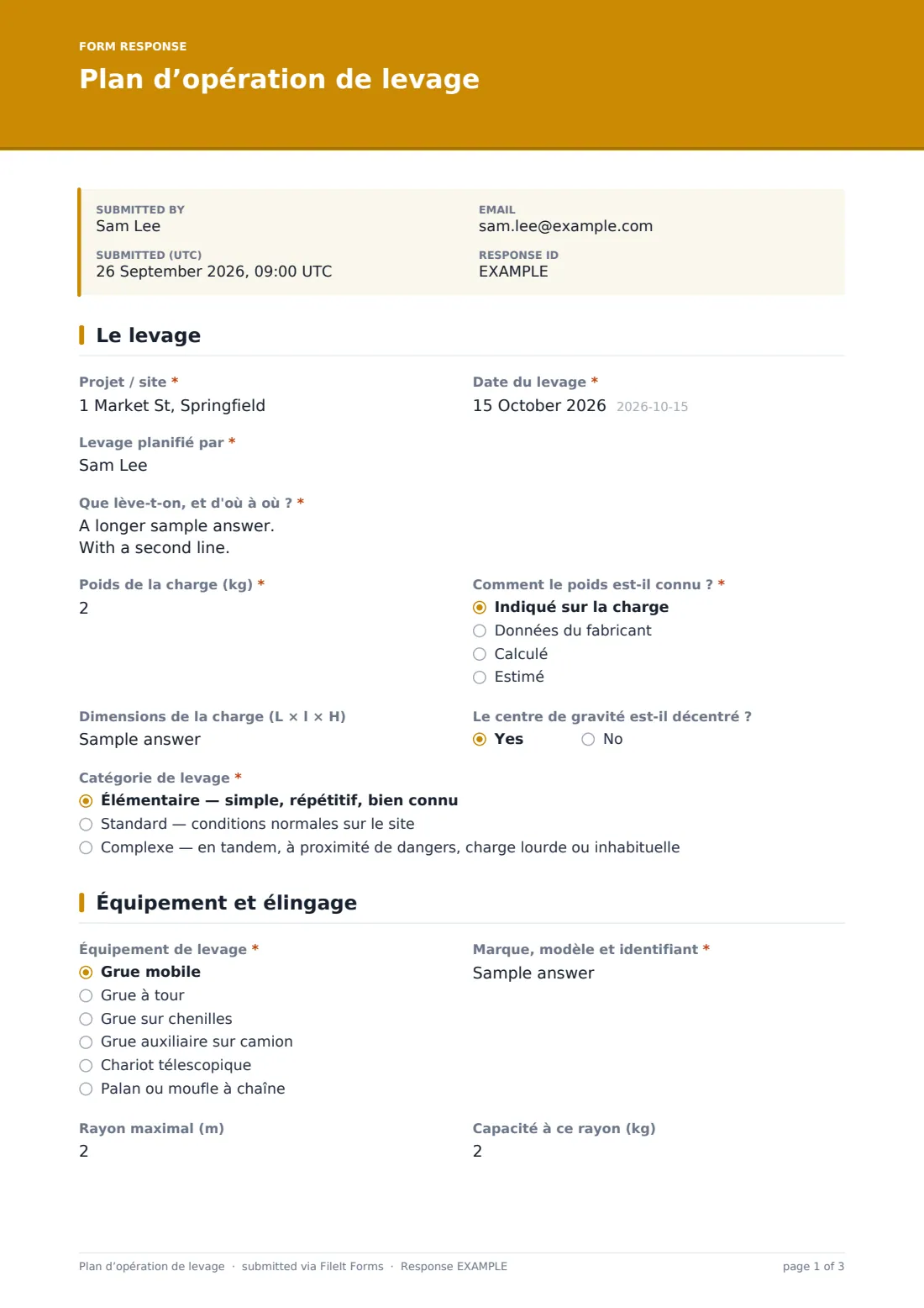 Plan d’opération de levage — exemple de réponse au format PDF, page 1 sur 3