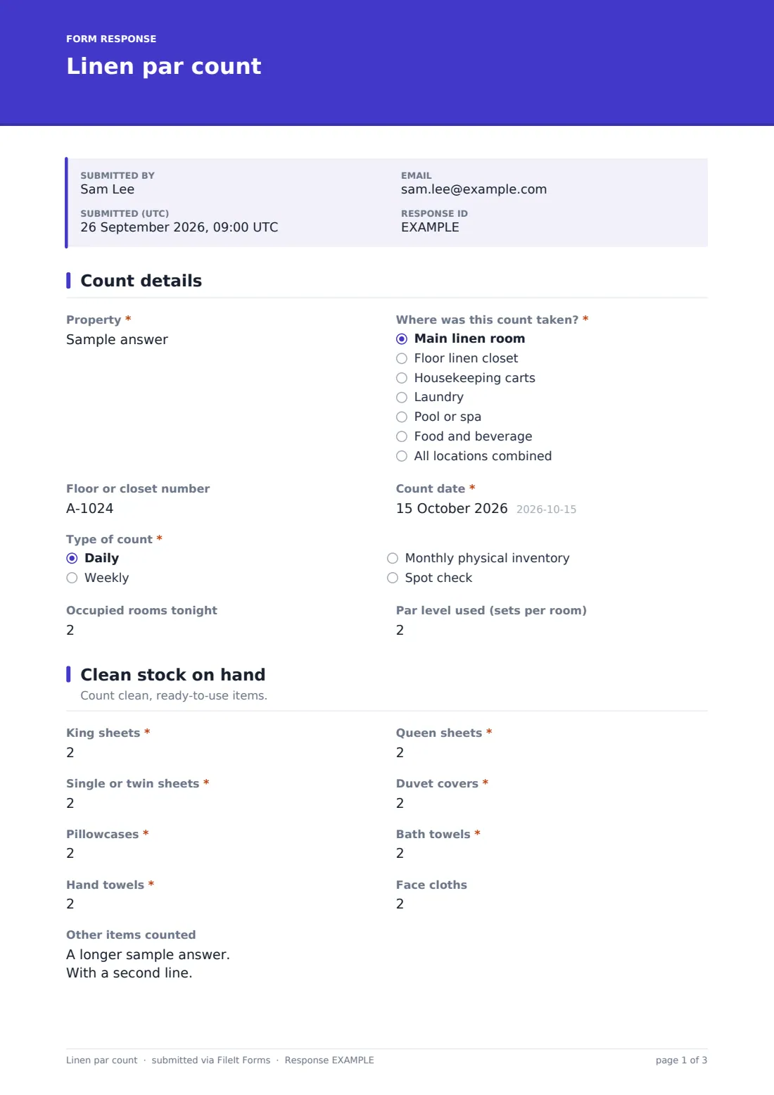 Linen par count — example response PDF, page 1 of 3