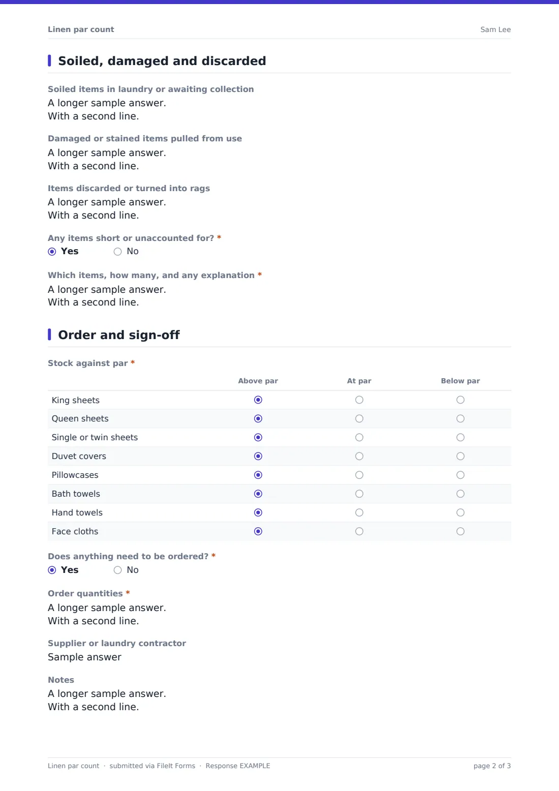 Linen par count — example response PDF, page 2 of 3