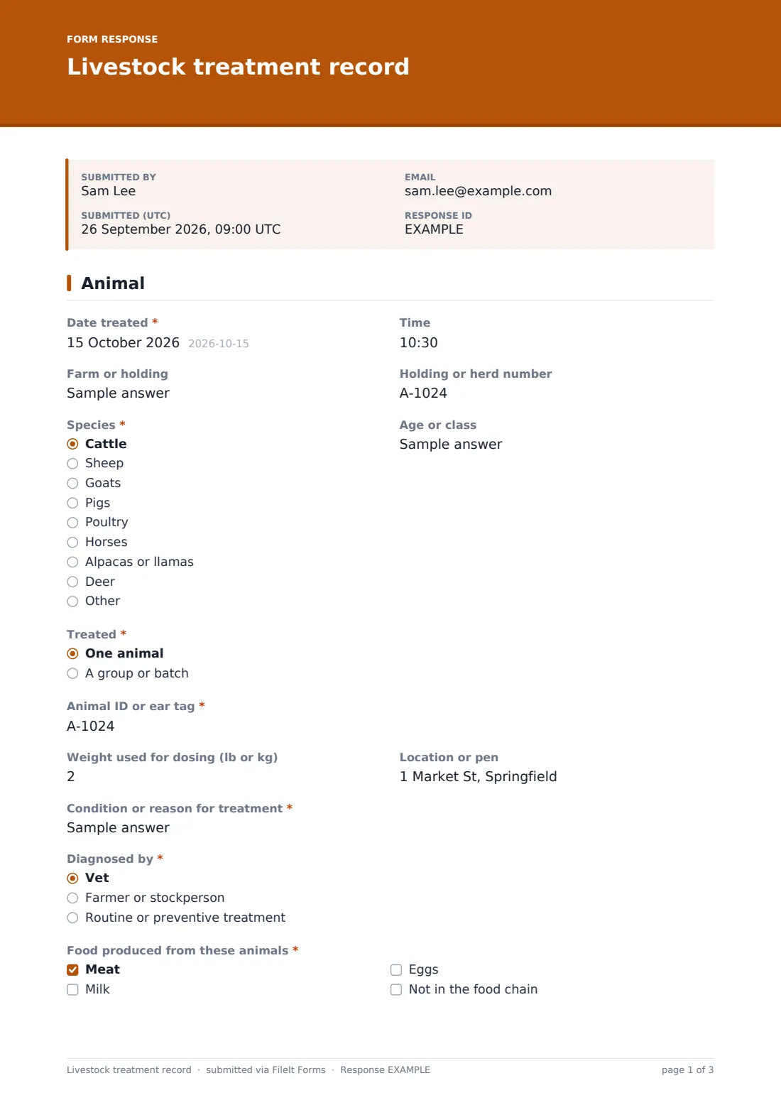 Livestock treatment record — example response PDF, page 1 of 3