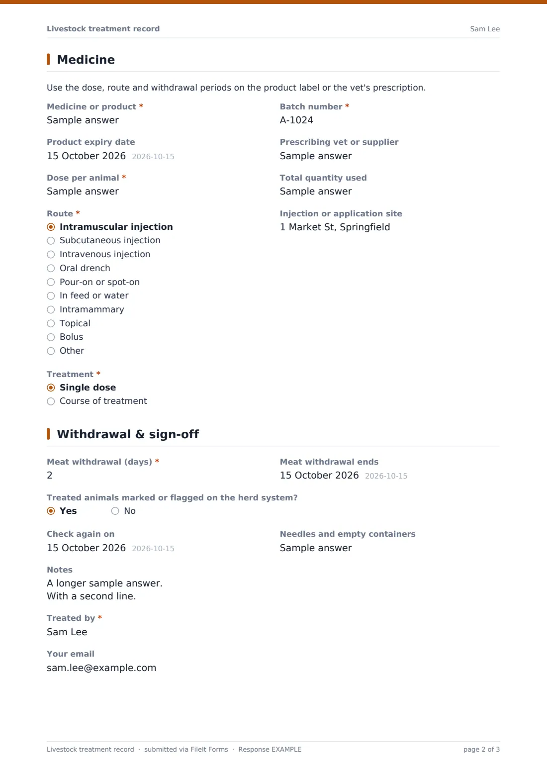 Livestock treatment record — example response PDF, page 2 of 3