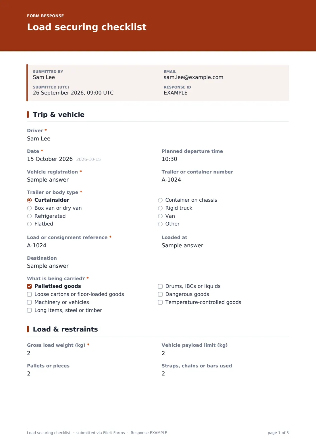 Load securing checklist — example response PDF, page 1 of 3