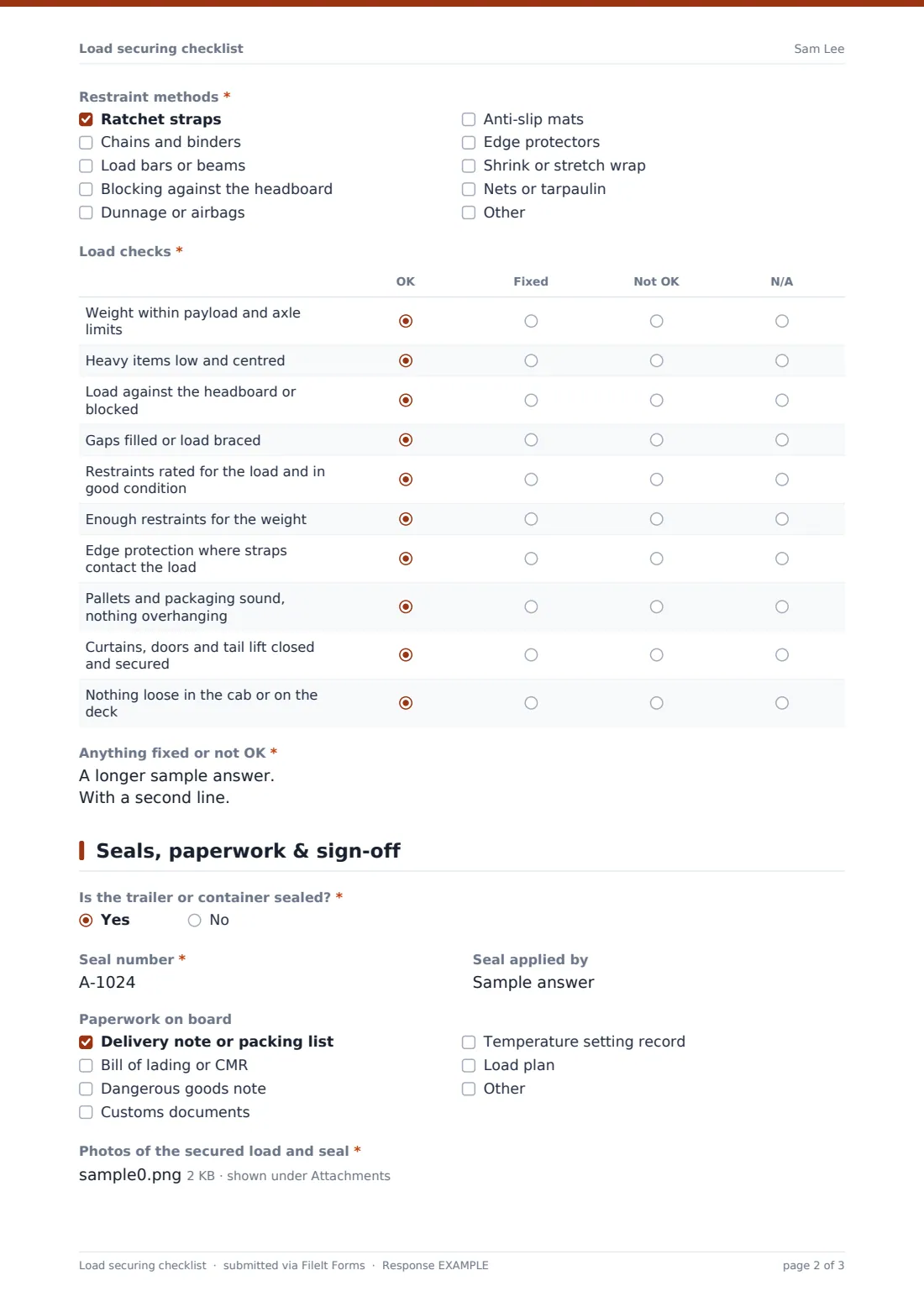 Load securing checklist — example response PDF, page 2 of 3