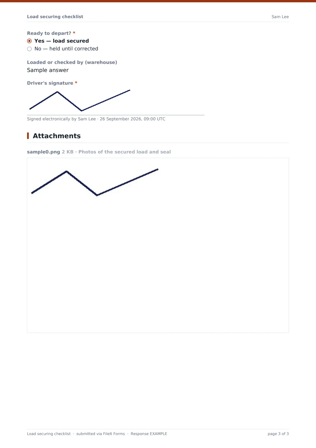 Load securing checklist — example response PDF, page 3 of 3