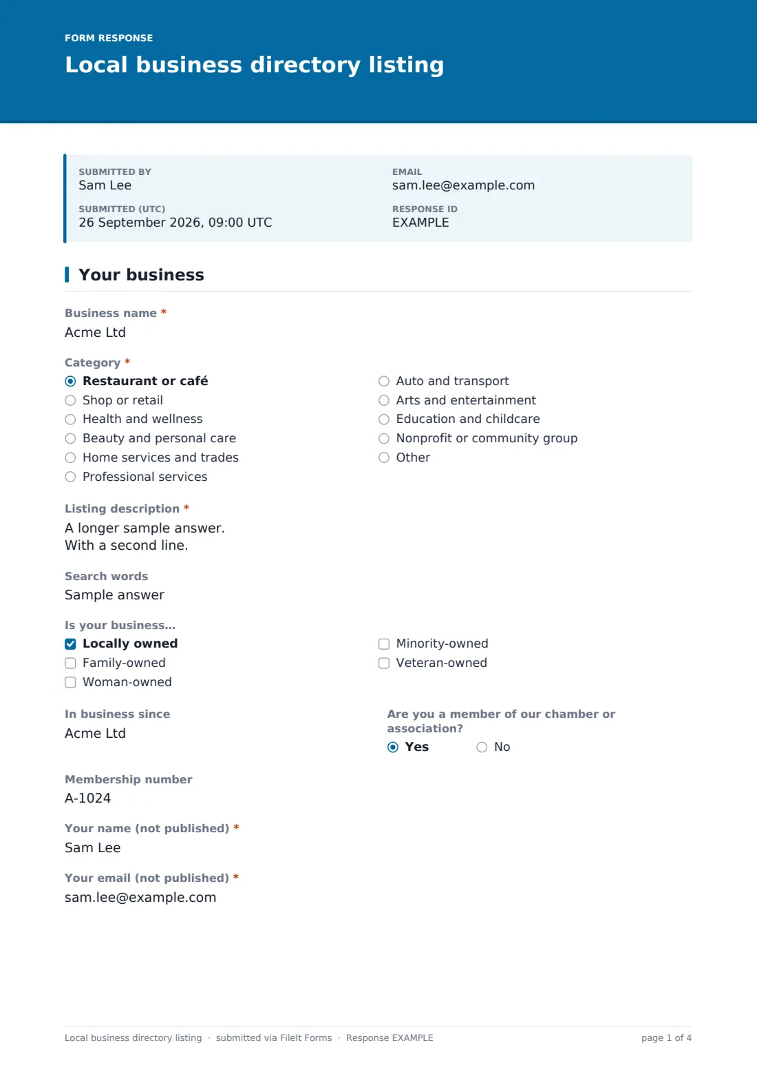 Local business directory listing — example response PDF, page 1 of 4