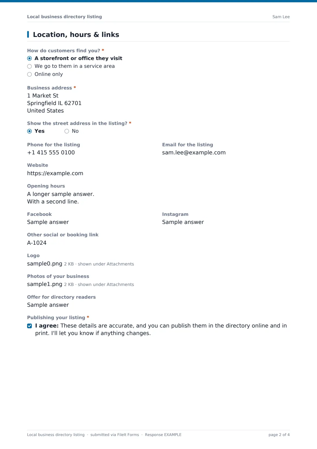 Local business directory listing — example response PDF, page 2 of 4