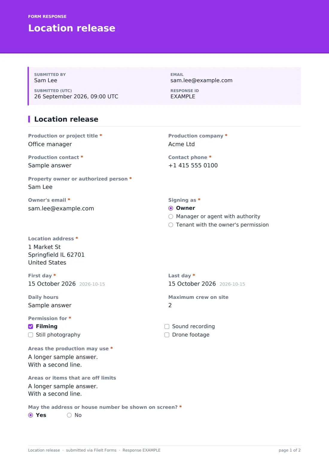 Location release — example response PDF, page 1 of 2