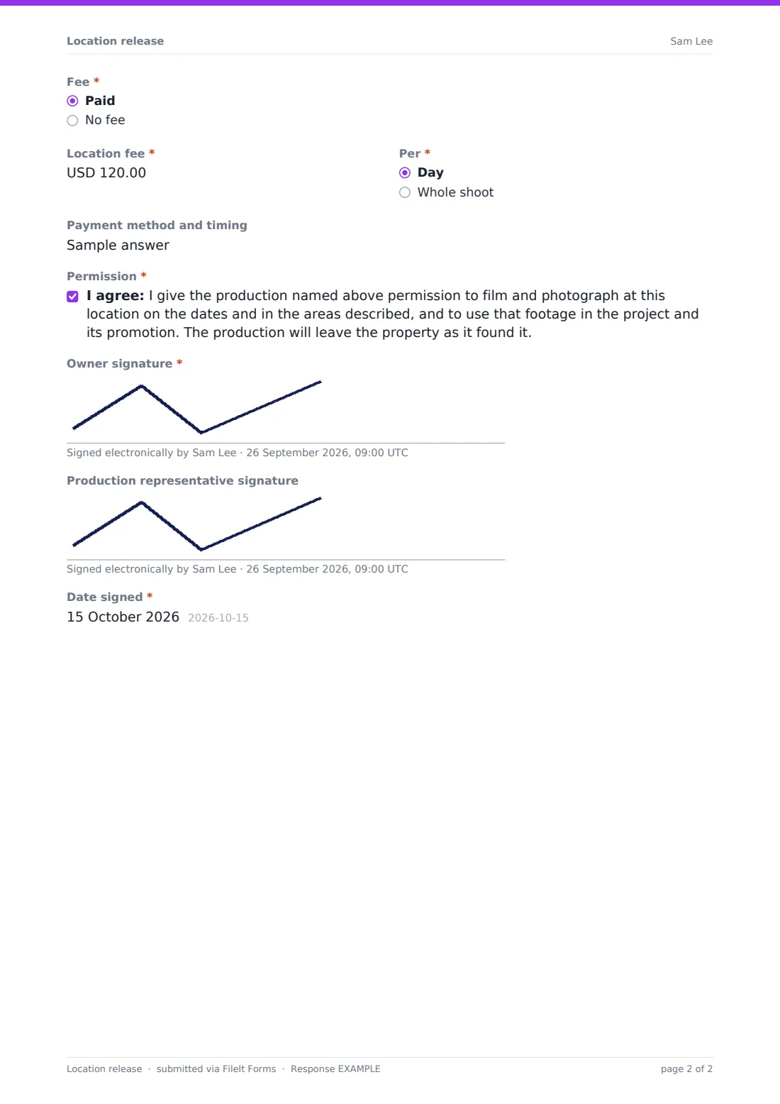 Location release — example response PDF, page 2 of 2