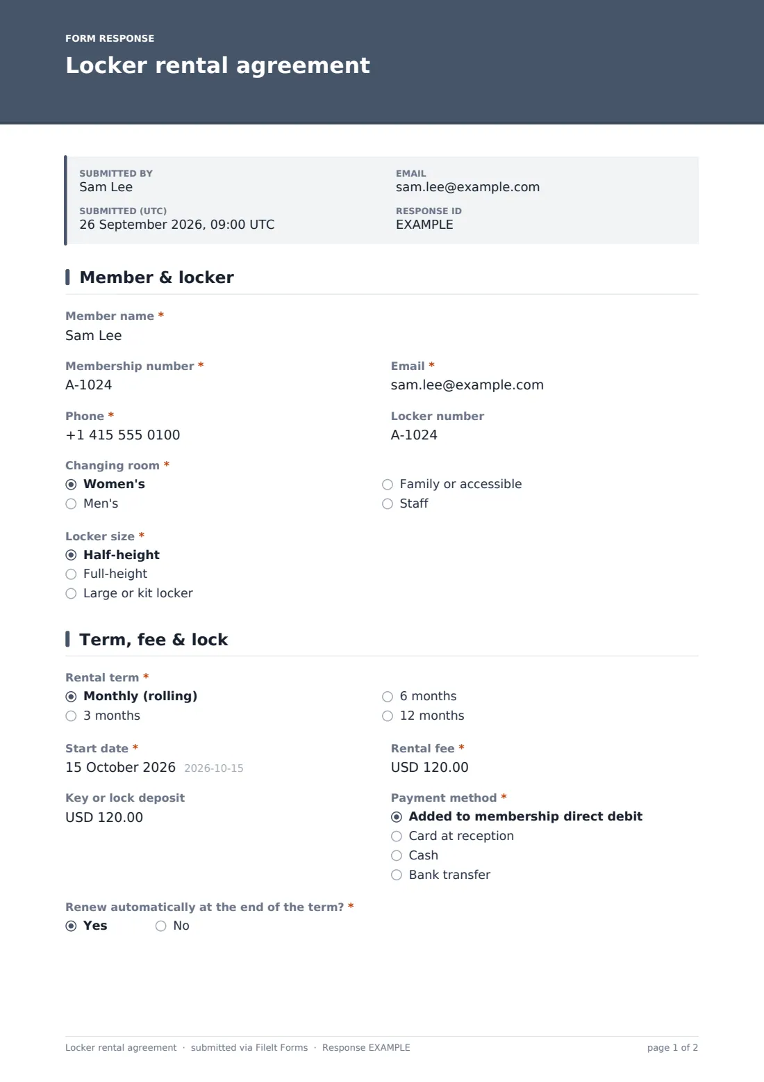 Locker rental agreement — example response PDF, page 1 of 2