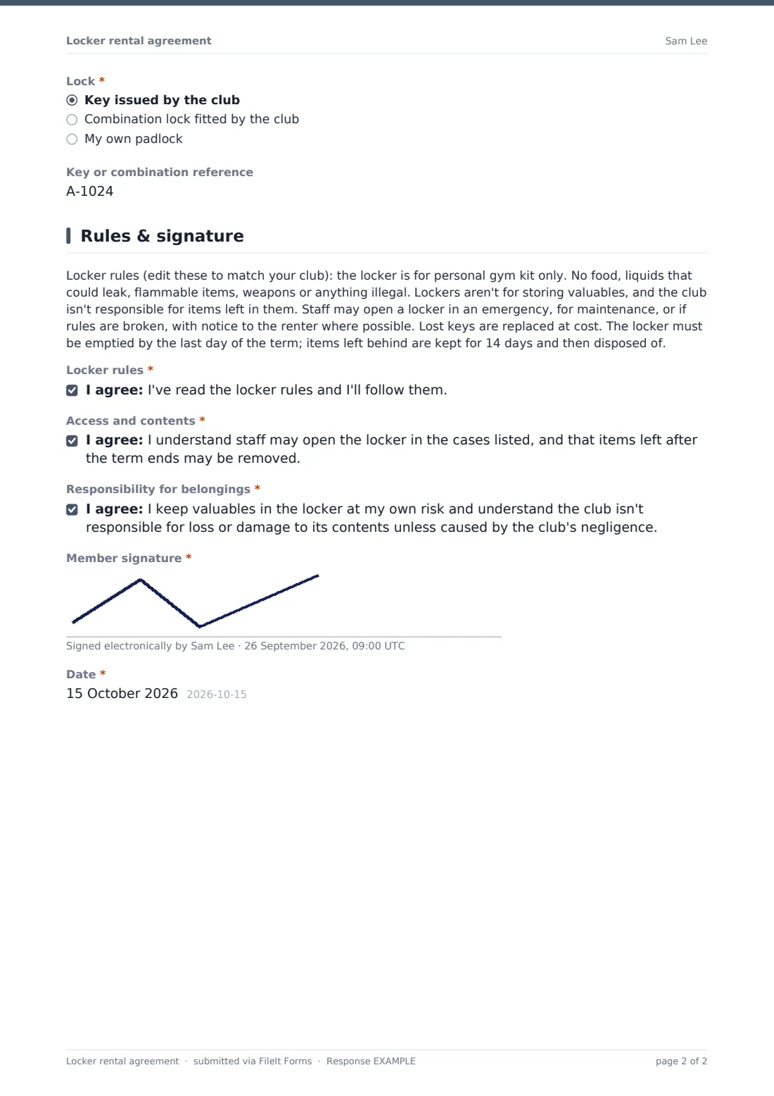 Locker rental agreement — example response PDF, page 2 of 2