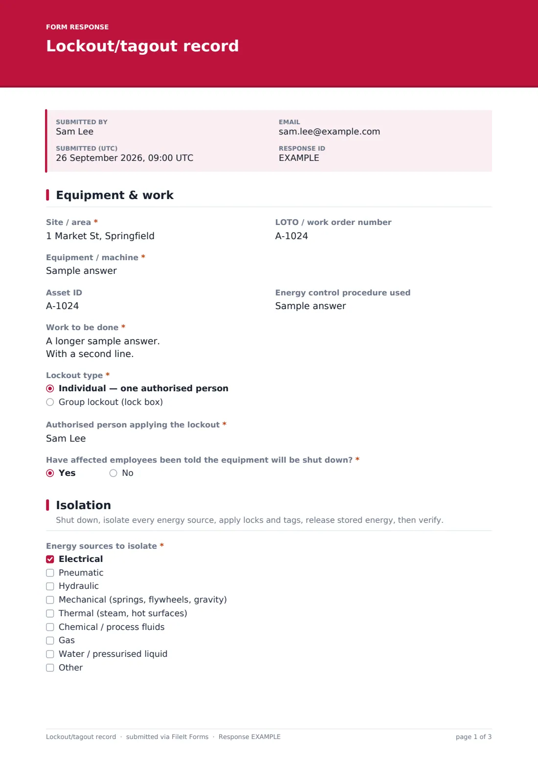 Lockout/tagout record — example response PDF, page 1 of 3