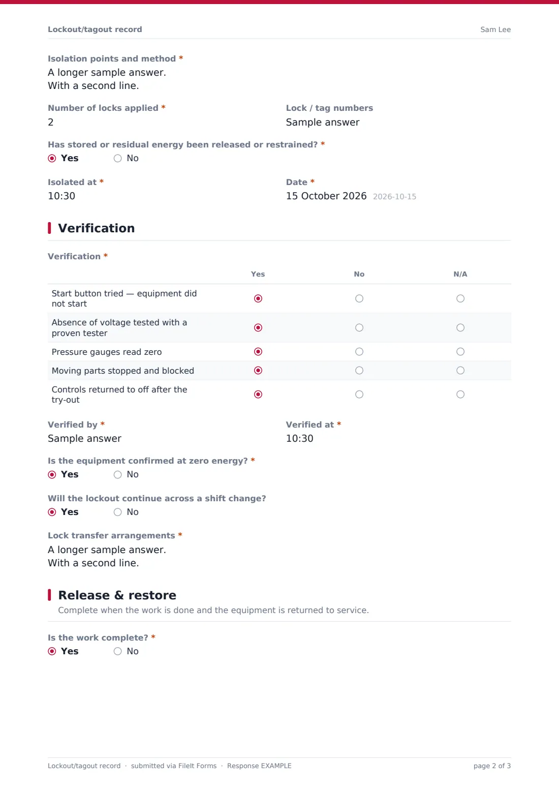 Lockout/tagout record — example response PDF, page 2 of 3
