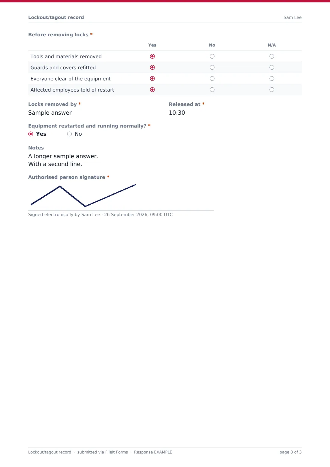 Lockout/tagout record — example response PDF, page 3 of 3