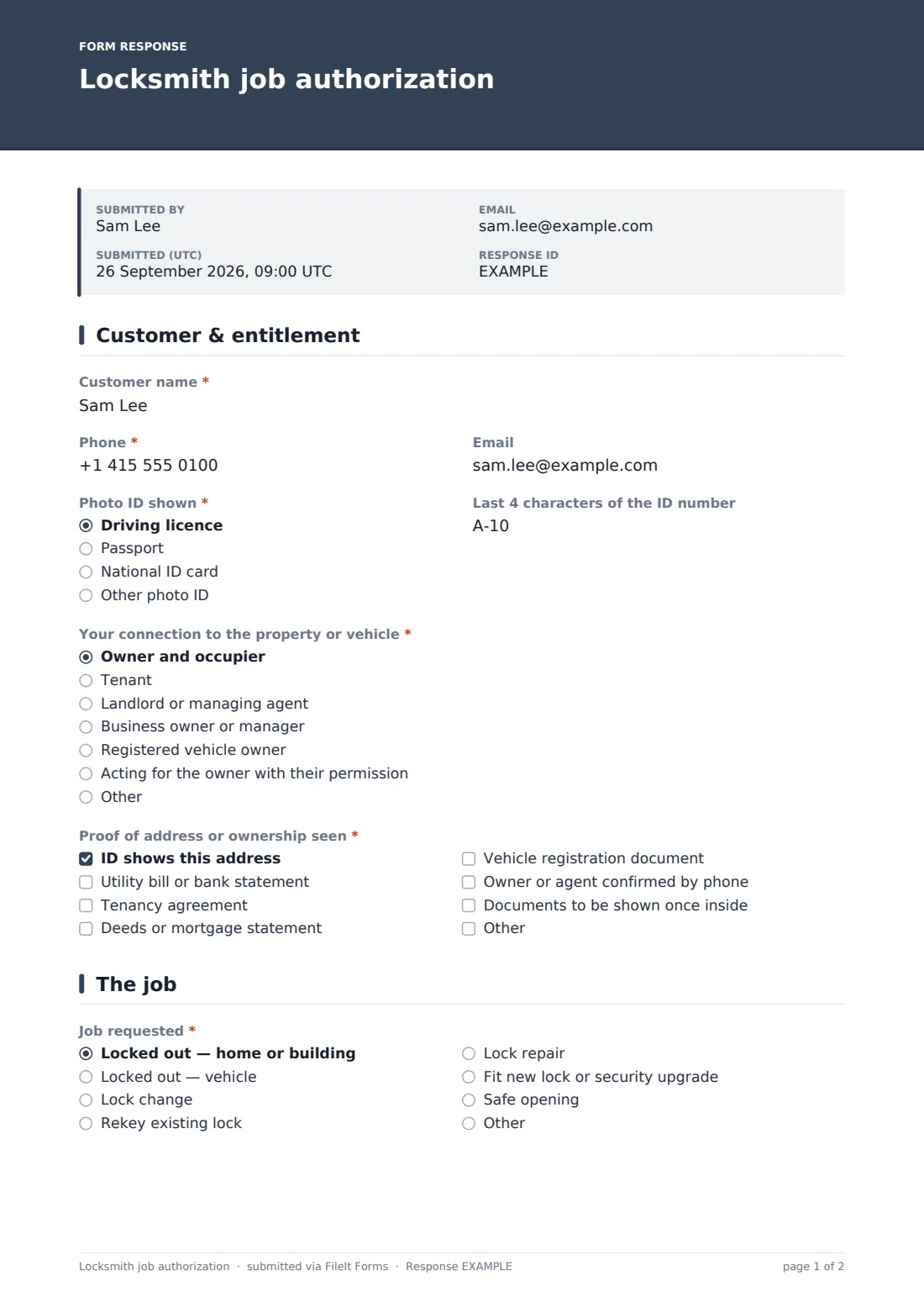 Locksmith job authorization — example response PDF, page 1 of 2
