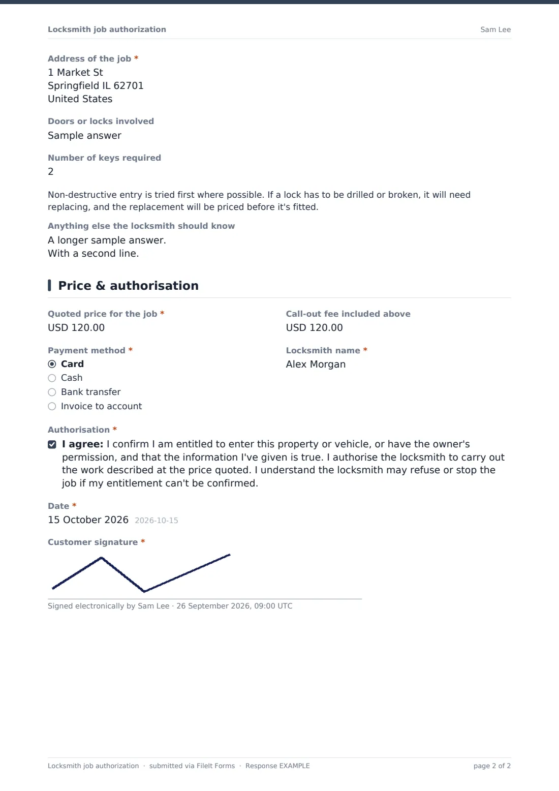 Locksmith job authorization — example response PDF, page 2 of 2