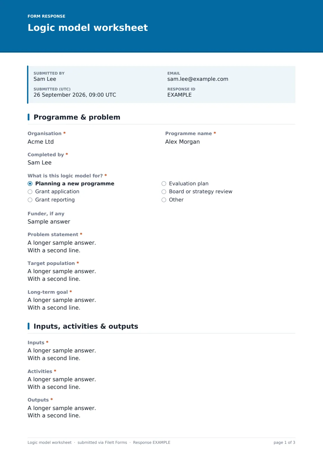 Logic model worksheet — example response PDF, page 1 of 3
