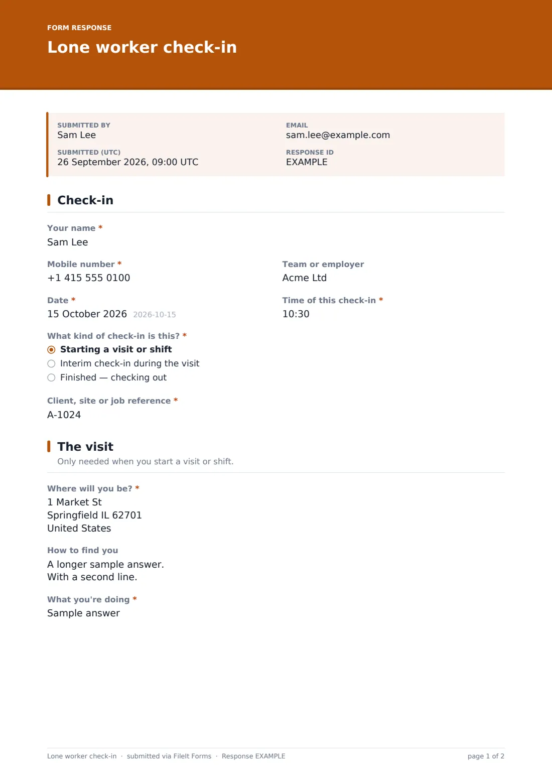 Lone worker check-in — example response PDF, page 1 of 2