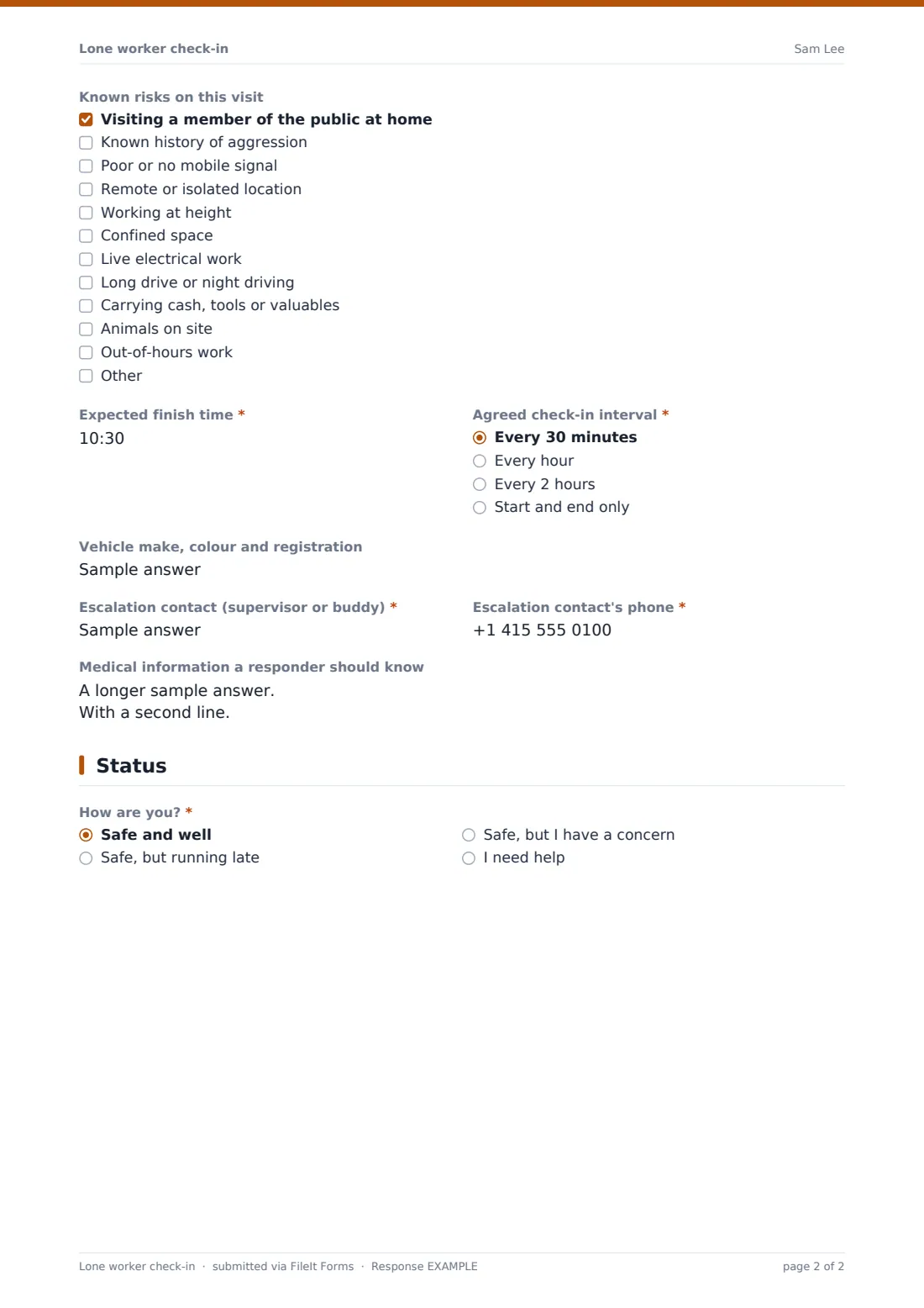 Lone worker check-in — example response PDF, page 2 of 2