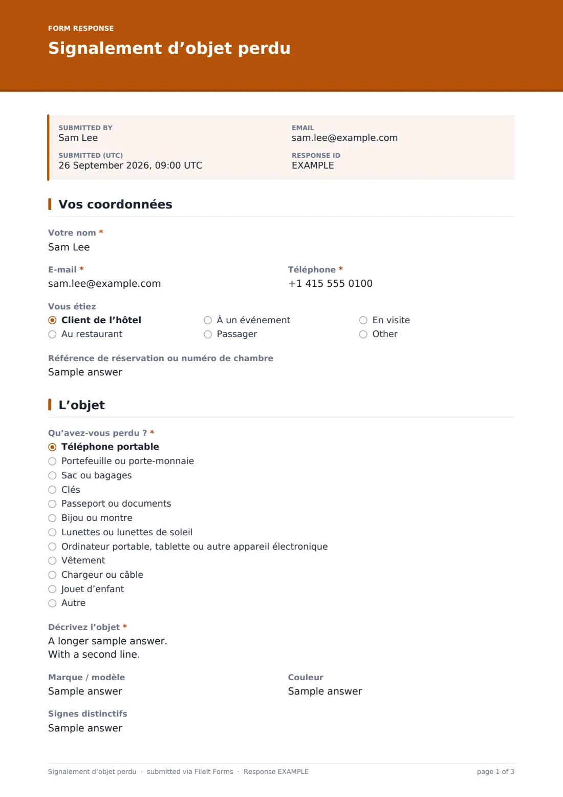 Signalement d’objet perdu — exemple de réponse au format PDF, page 1 sur 3