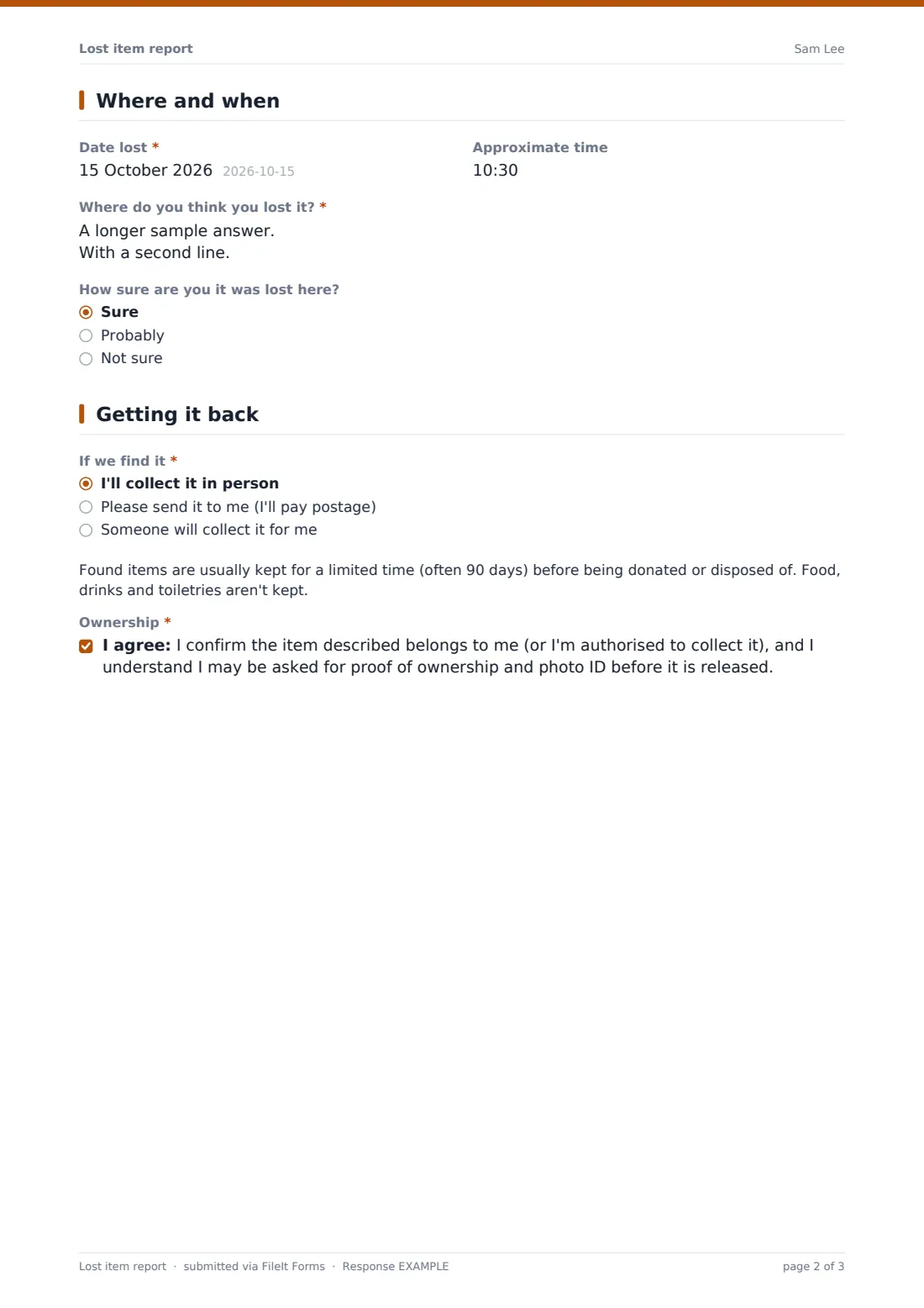 Lost item report — example response PDF, page 2 of 3