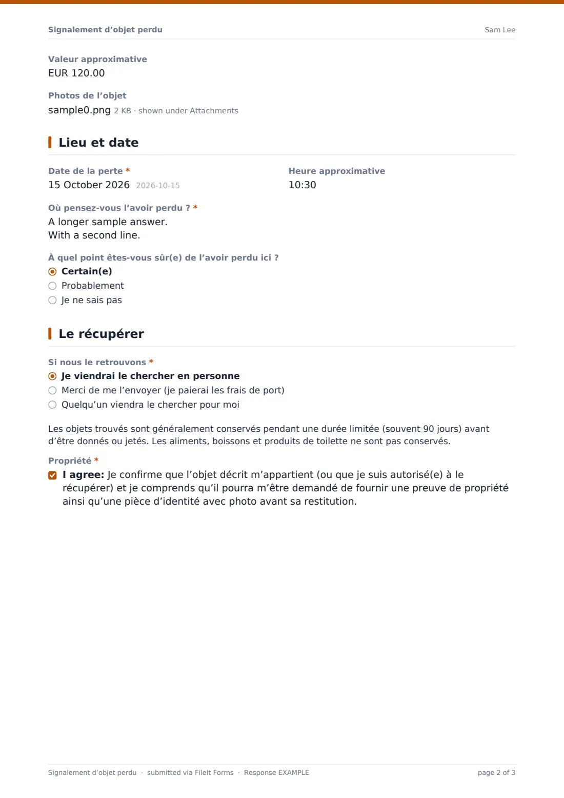 Signalement d’objet perdu — exemple de réponse au format PDF, page 2 sur 3
