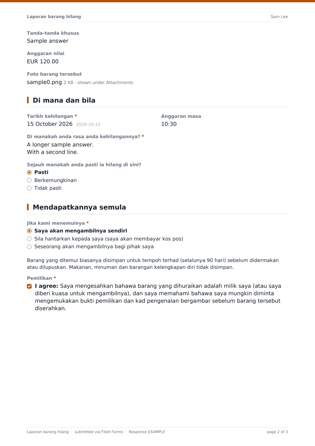 Laporan barang hilang — PDF respons contoh, halaman 2 daripada 3