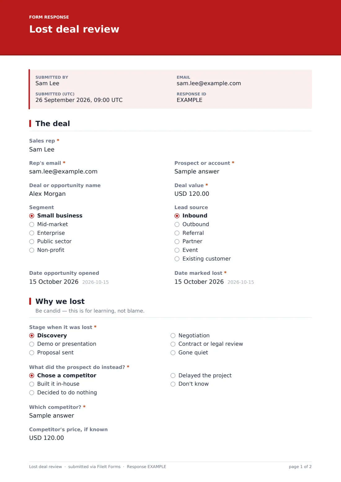 Lost deal review — example response PDF, page 1 of 2