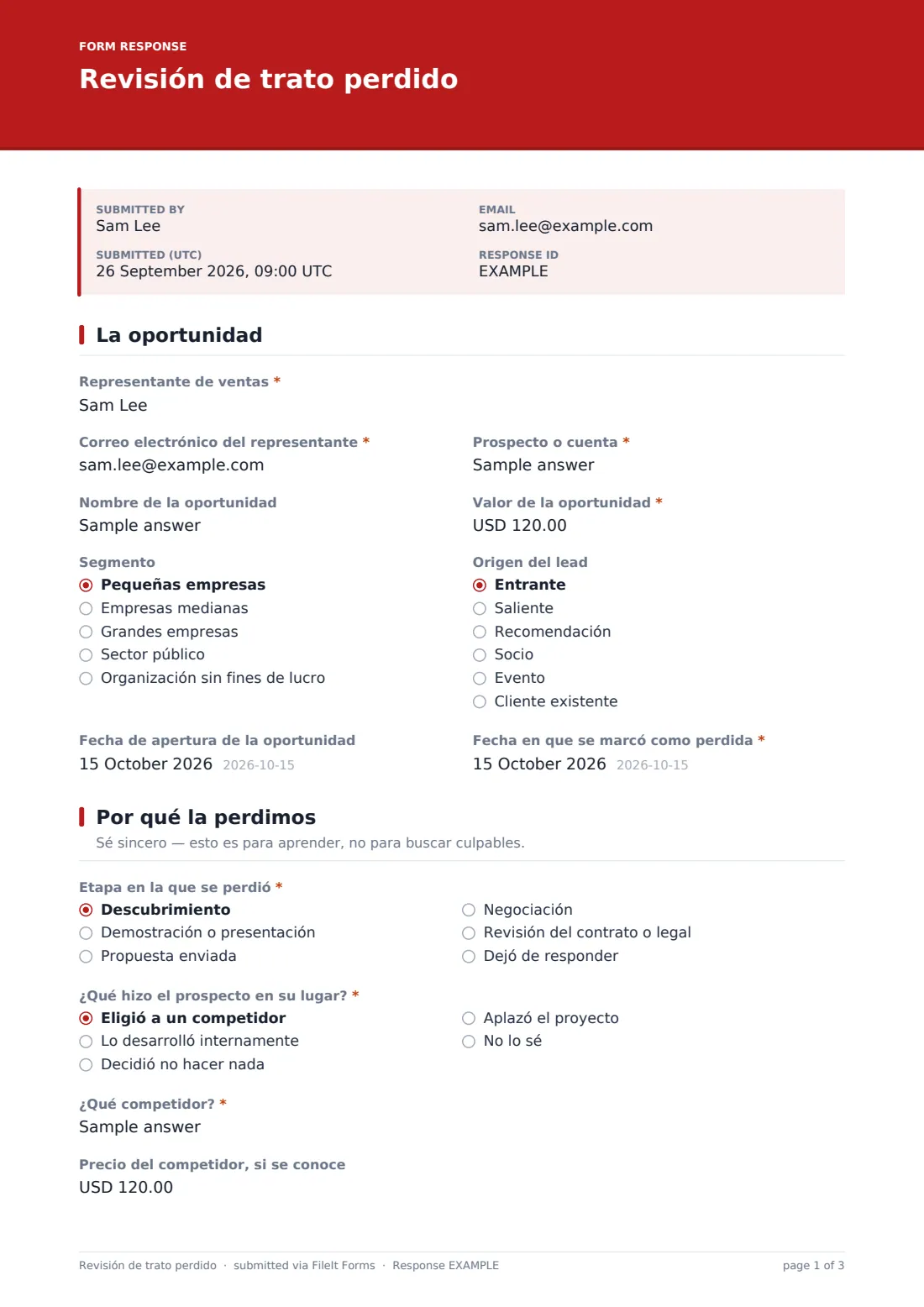 Revisión de trato perdido — PDF de respuesta de ejemplo, página 1 de 3