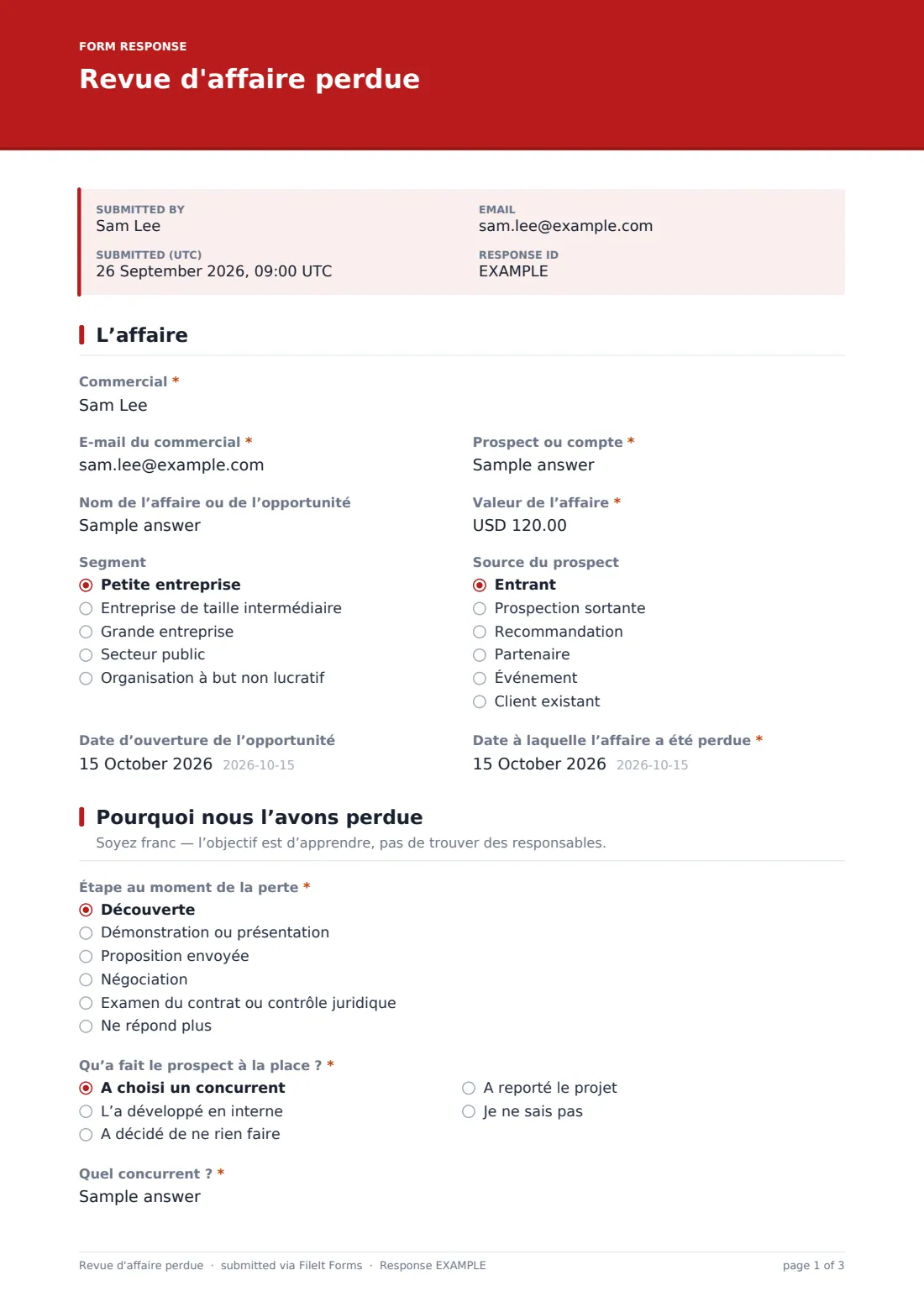 Revue d'affaire perdue — exemple de réponse au format PDF, page 1 sur 3