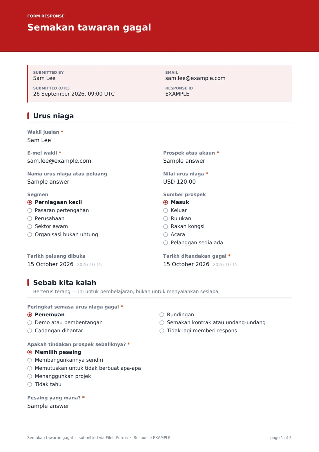 Semakan tawaran gagal — PDF respons contoh, halaman 1 daripada 3
