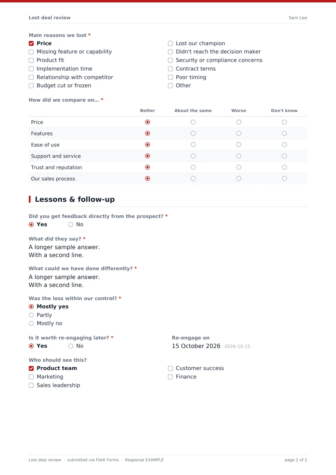 Lost deal review — example response PDF, page 2 of 2
