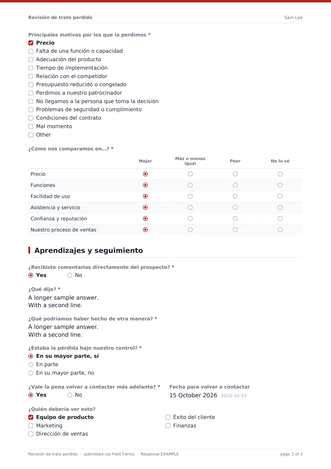 Revisión de trato perdido — PDF de respuesta de ejemplo, página 2 de 3