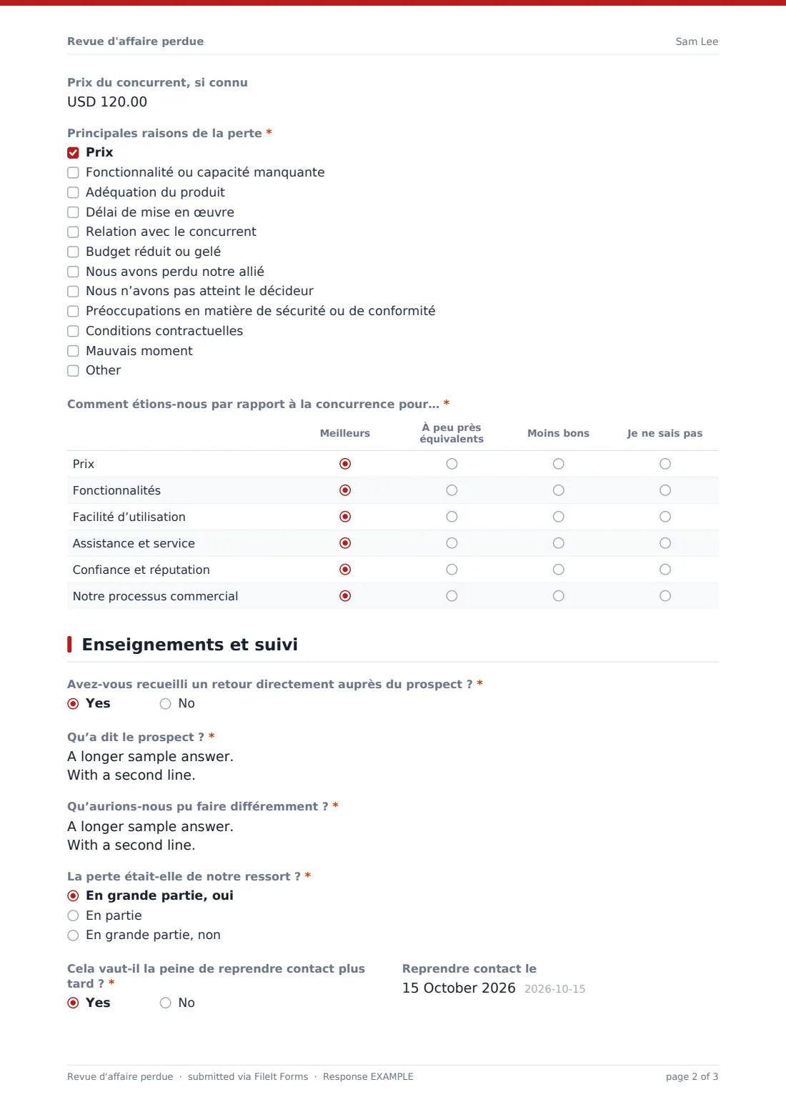 Revue d'affaire perdue — exemple de réponse au format PDF, page 2 sur 3