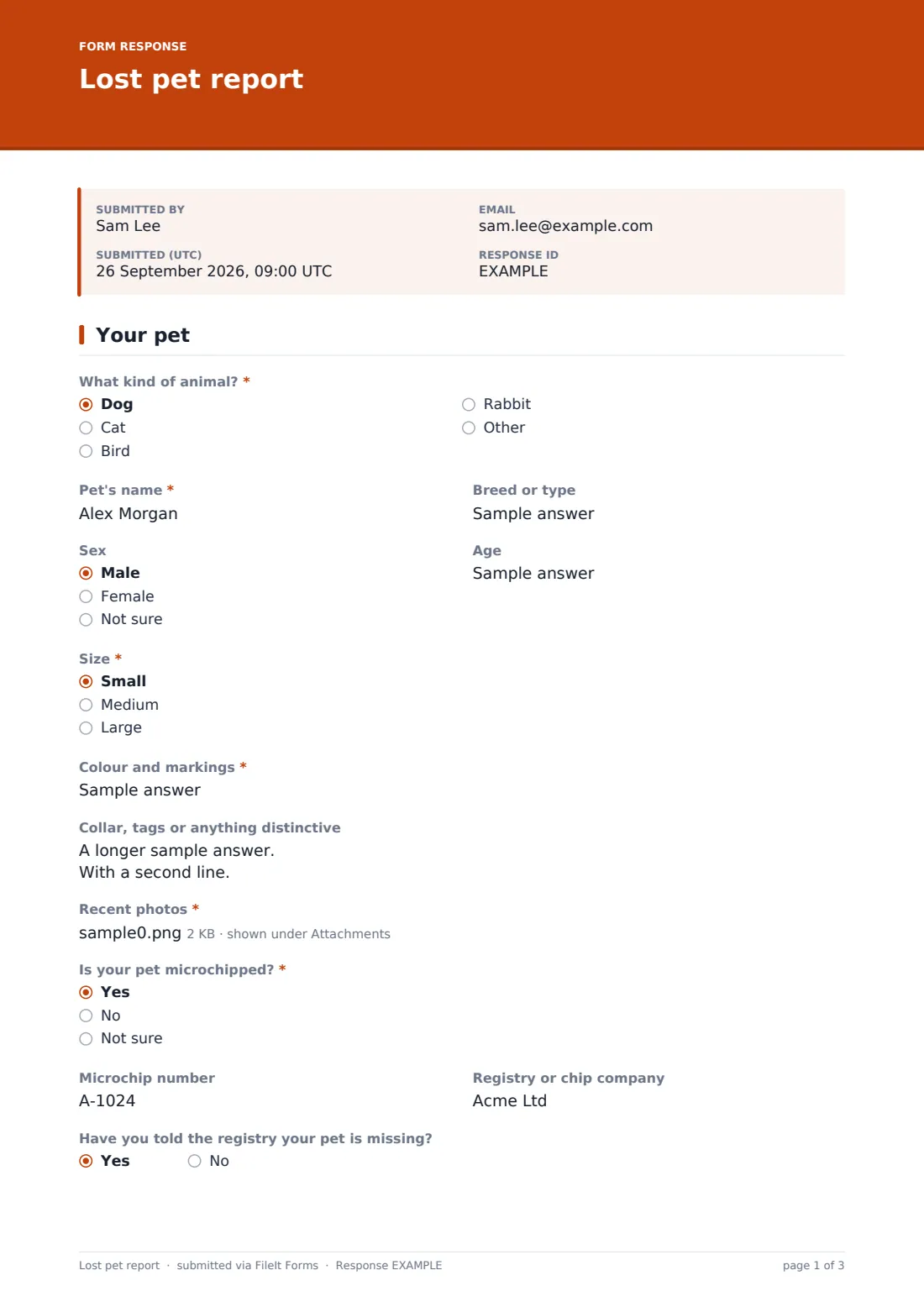 Lost pet report — example response PDF, page 1 of 3