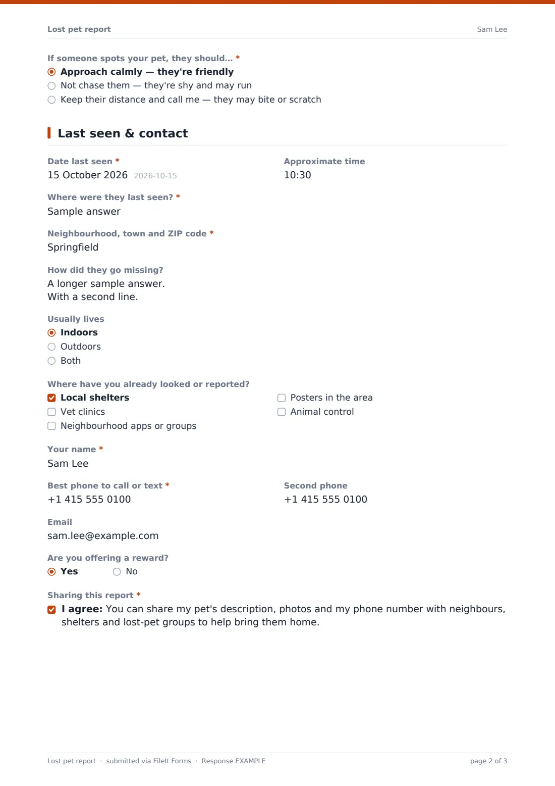 Lost pet report — example response PDF, page 2 of 3