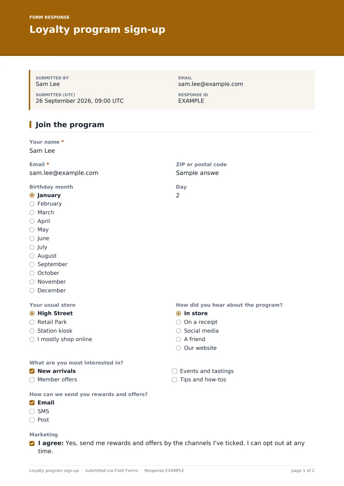 Loyalty program sign-up — example response PDF, page 1 of 2