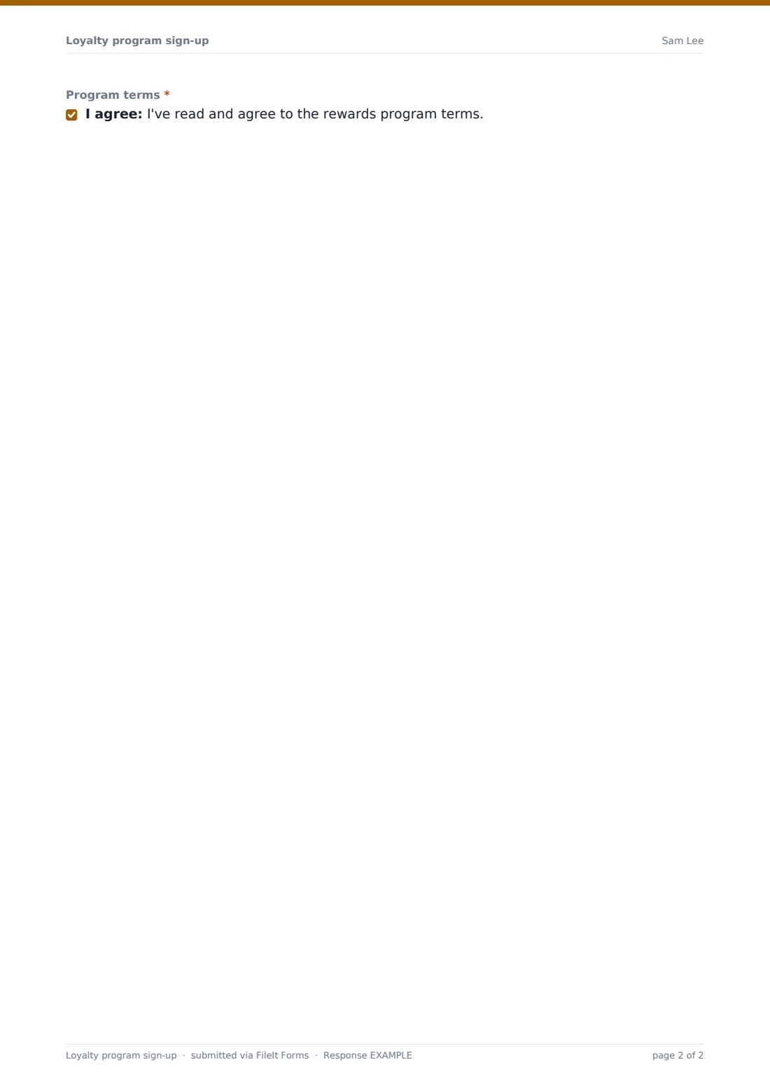 Loyalty program sign-up — example response PDF, page 2 of 2