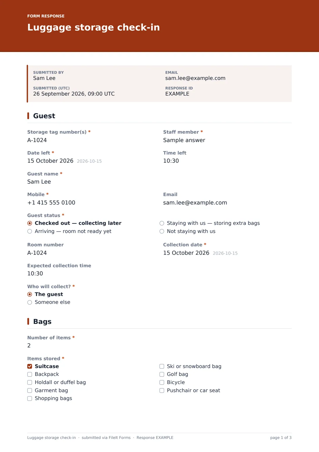 Luggage storage check-in — example response PDF, page 1 of 3