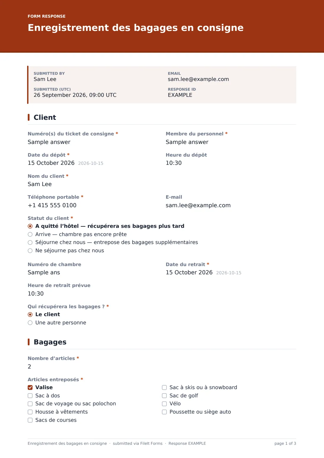 Enregistrement des bagages en consigne — exemple de réponse au format PDF, page 1 sur 3