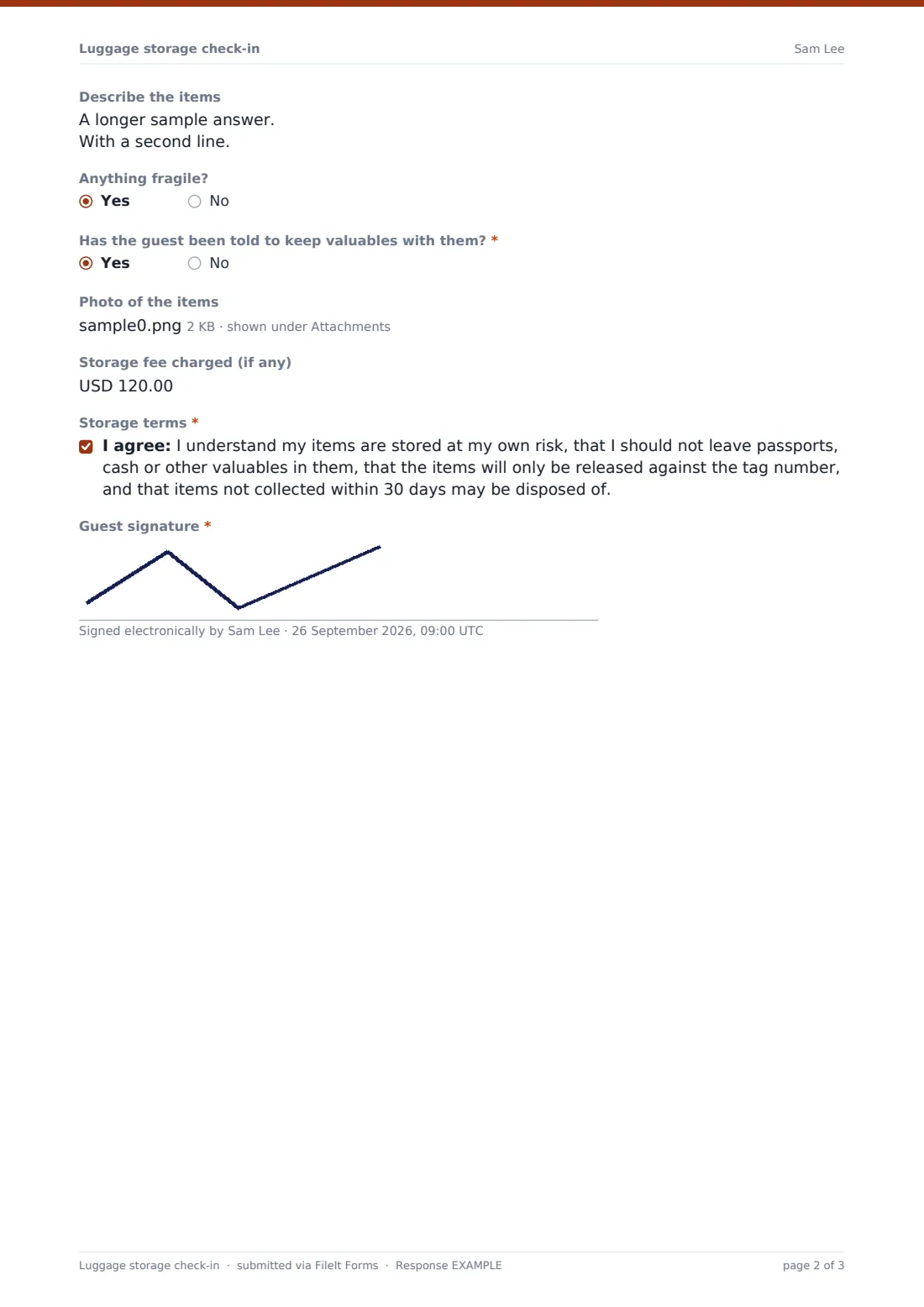 Luggage storage check-in — example response PDF, page 2 of 3