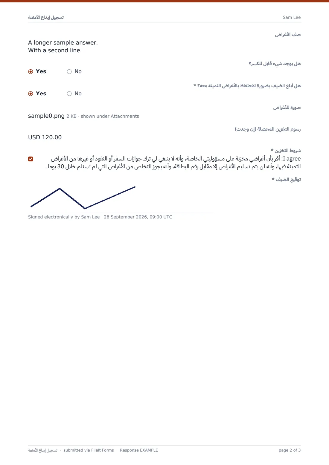 تسجيل إيداع الأمتعة — ملف PDF لرد نموذجي، الصفحة 2 من 3